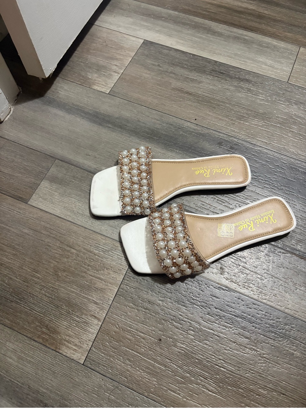 White Pearl-Embellished Slide Sandals